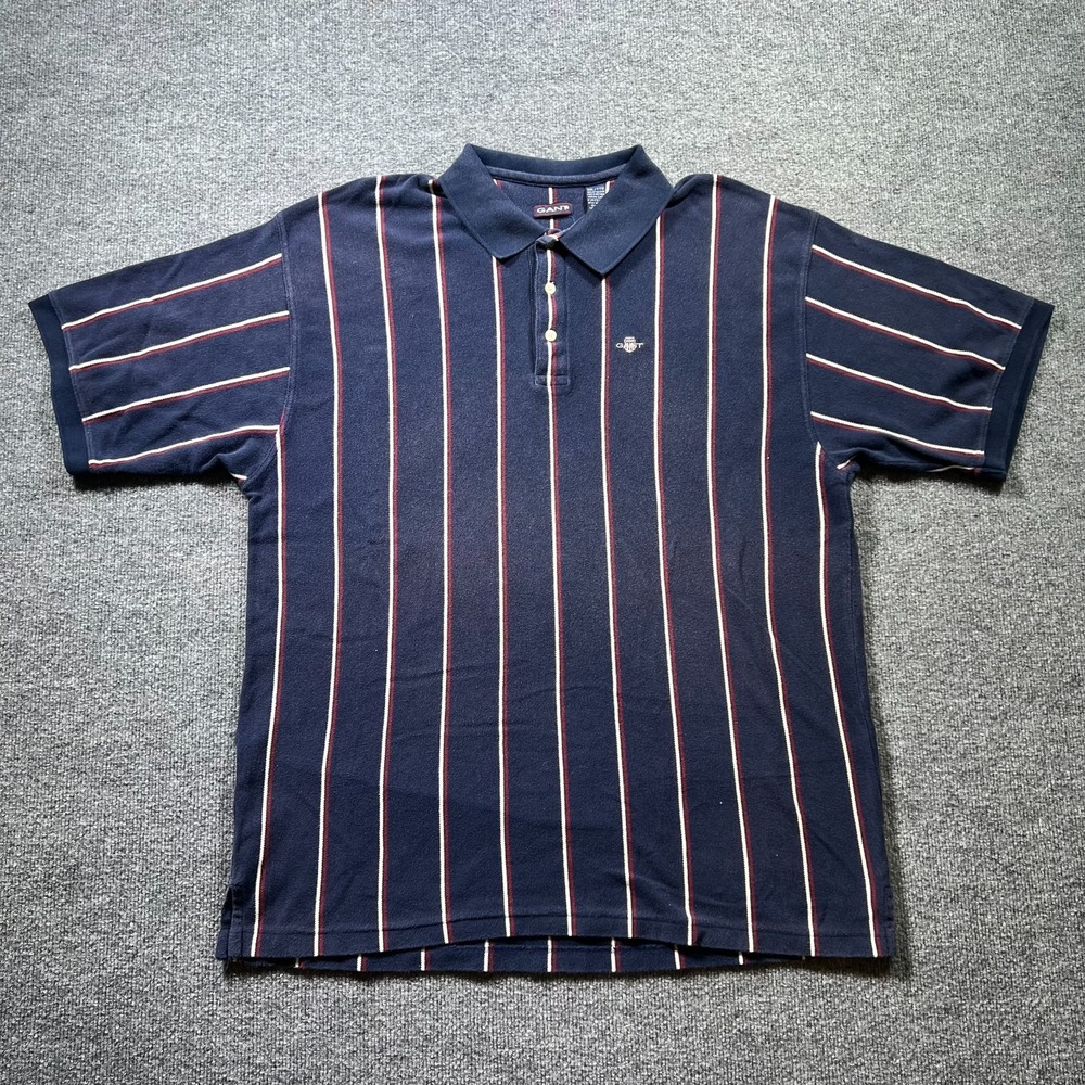 Vintage Gant Polo Shirt Mens 2XL Navy Blue Striped Short Sleeve Classic Preppy